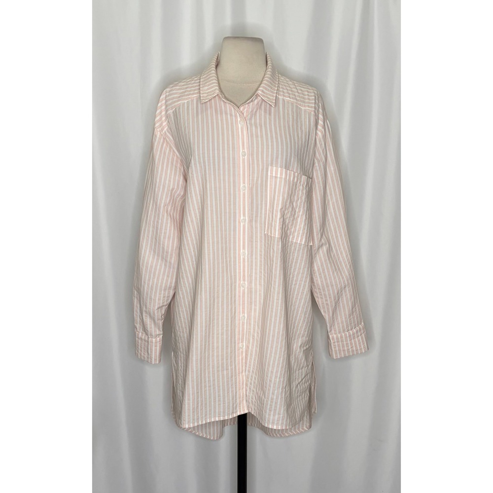 By ANTHROPOLOGIE Longline Button Down Pink White Stripe Shirt Buttondown Large - Picture 3 of 16